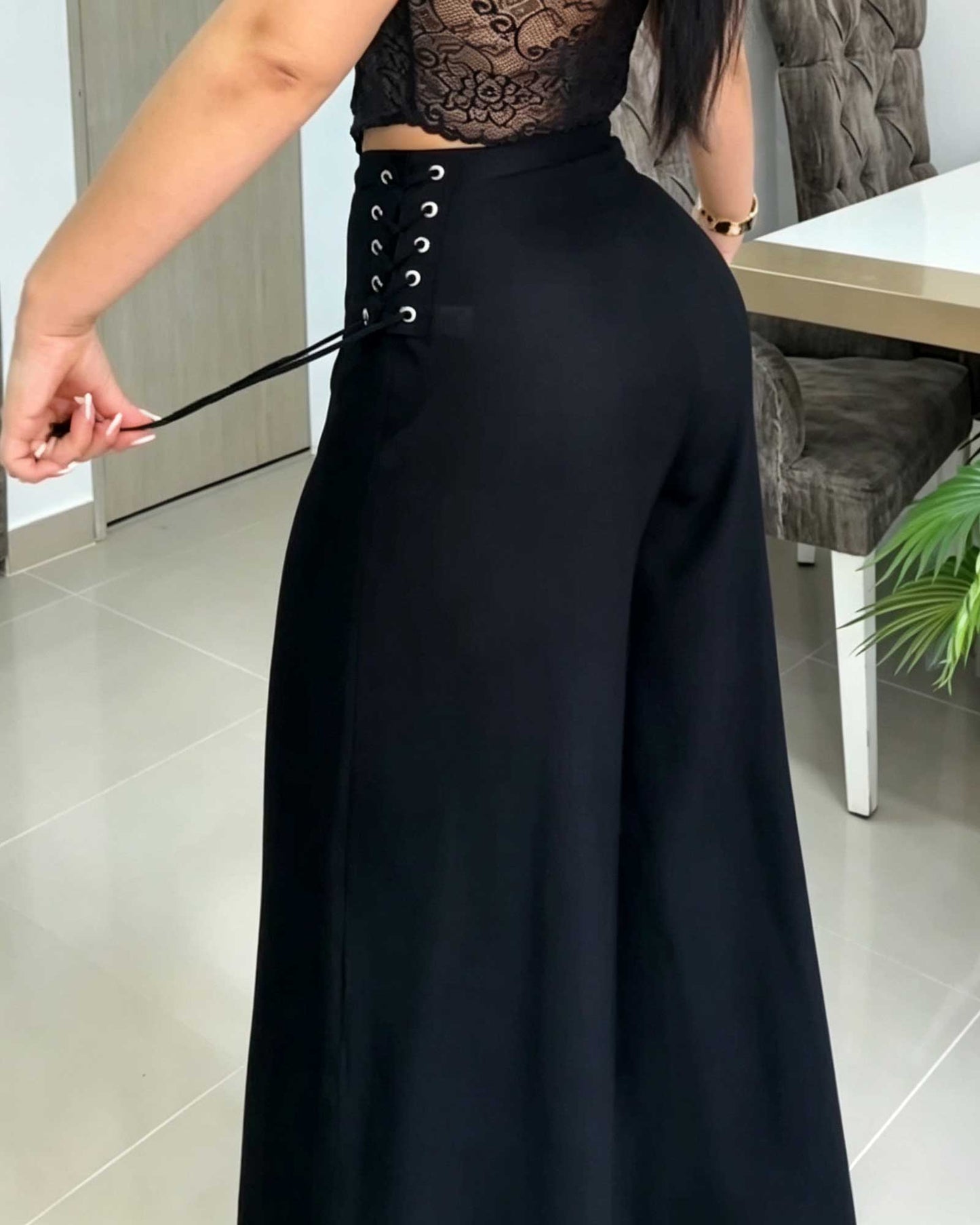 Solid Color High Waisted Vertical Pleated Side Tie Wide Leg Pants