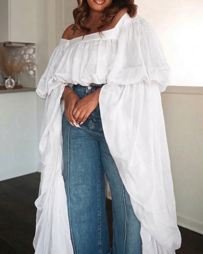 Square Neck Chiffon Ruffled Puff Sleeve Bubble Crop Top