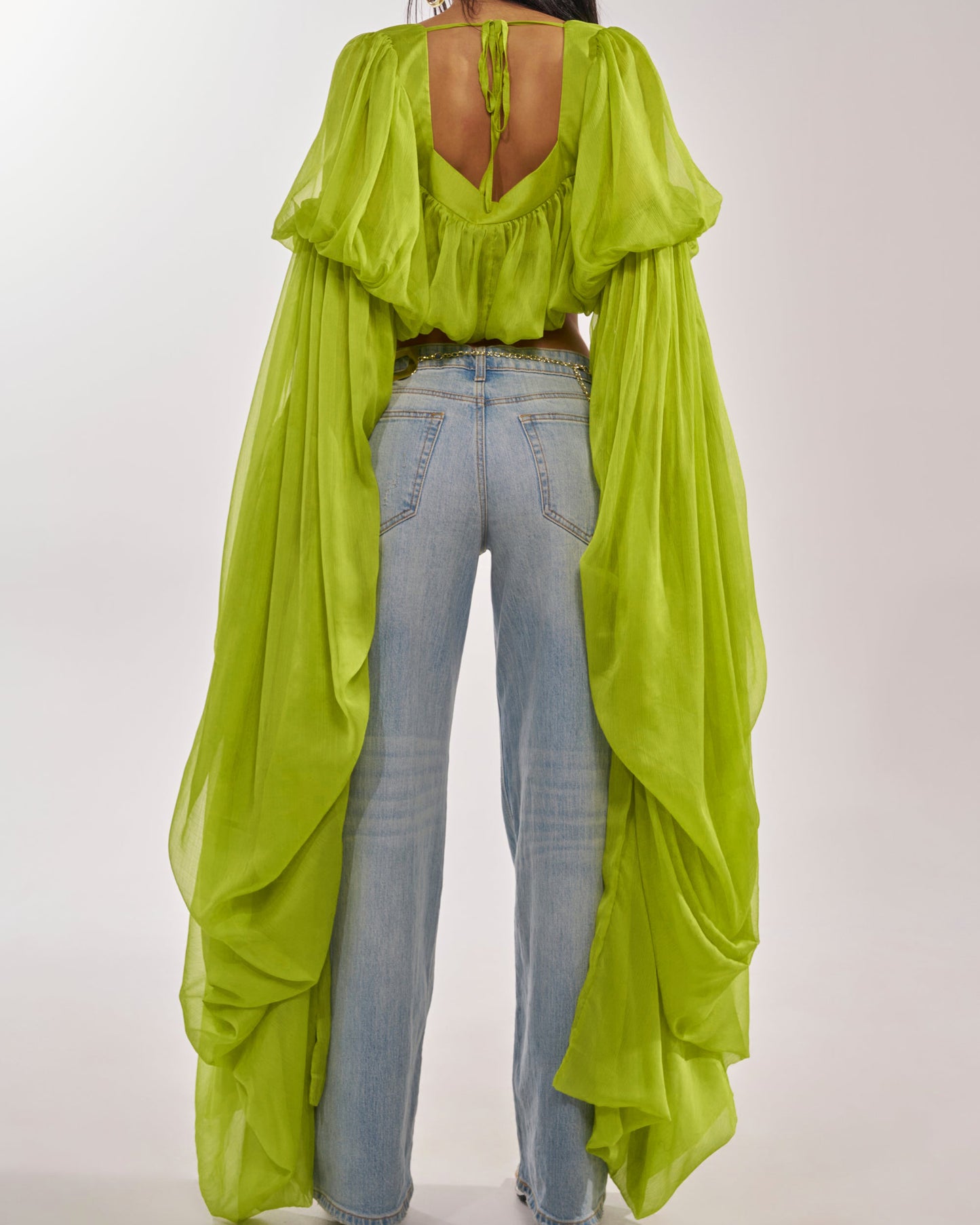 Square Neck Chiffon Ruffled Puff Sleeve Bubble Crop Top