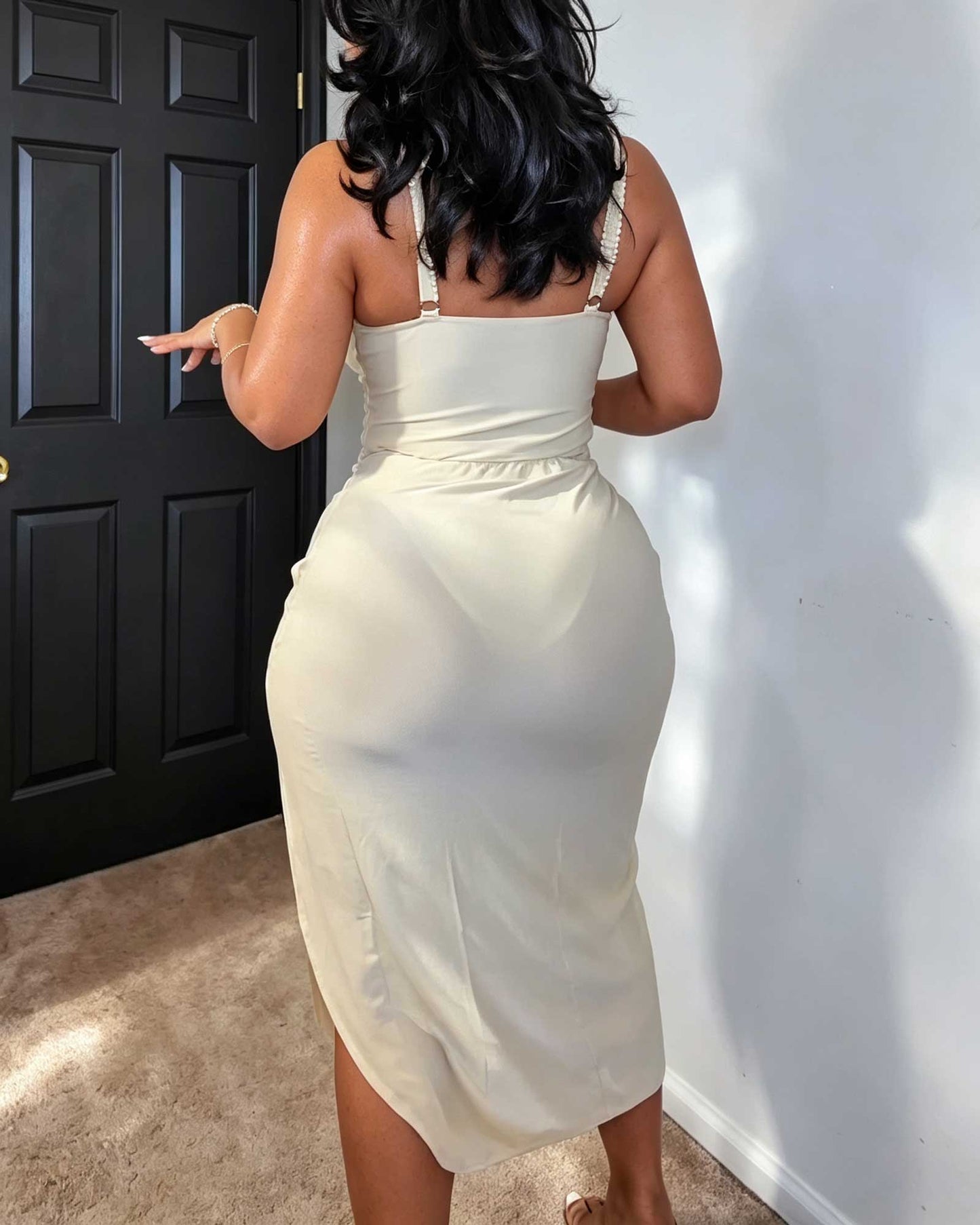 Two Piece Set: A Pearl Trimmed Sweetheart Neck Halter Swimsuit And An Asymmetrical Midi Skirt