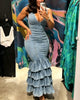 Washed Denim Overalls Deep V-Neck Multi Layered Ruffle Maxi Dress