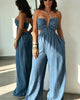 Denim Backless Deep V-Neck Cutout Pleated Wide-Leg Jumpsuit
