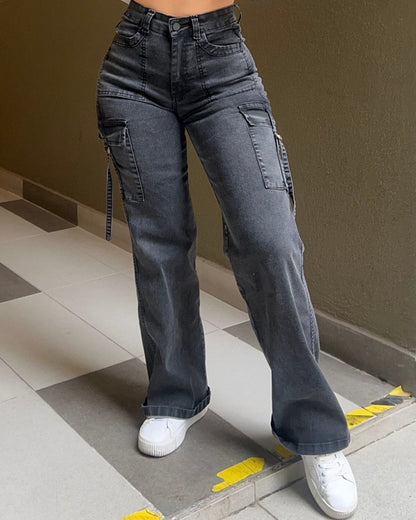 Women's High Waist Cargo Jeans Flap Pocket Wide Leg Denim Pants