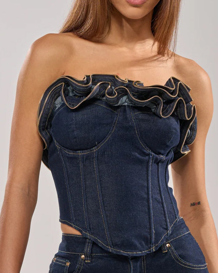 Wavy Ruffle Top For Women Demin Corset With Zipper