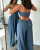Denim Backless Deep V-Neck Cutout Pleated Wide-Leg Jumpsuit