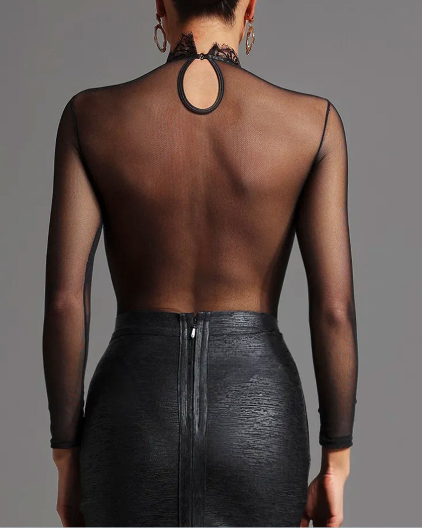 Sheer Mesh &amp; Lace Long-Sleeve Bodysuit