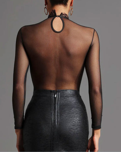 Sheer Mesh &amp; Lace Long-Sleeve Bodysuit