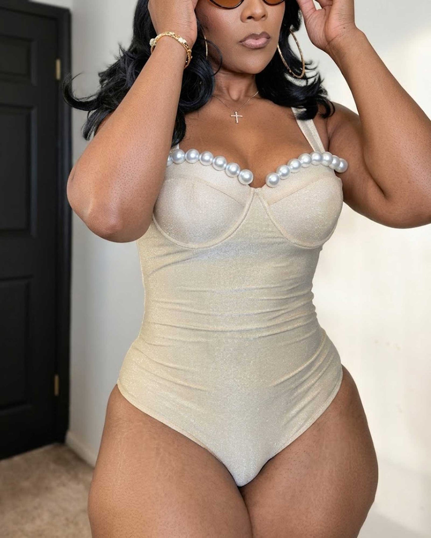 Two Piece Set: A Pearl Trimmed Sweetheart Neck Halter Swimsuit And An Asymmetrical Midi Skirt