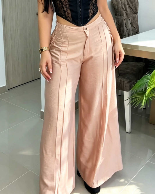 Solid Color High Waisted Vertical Pleated Side Tie Wide Leg Pants