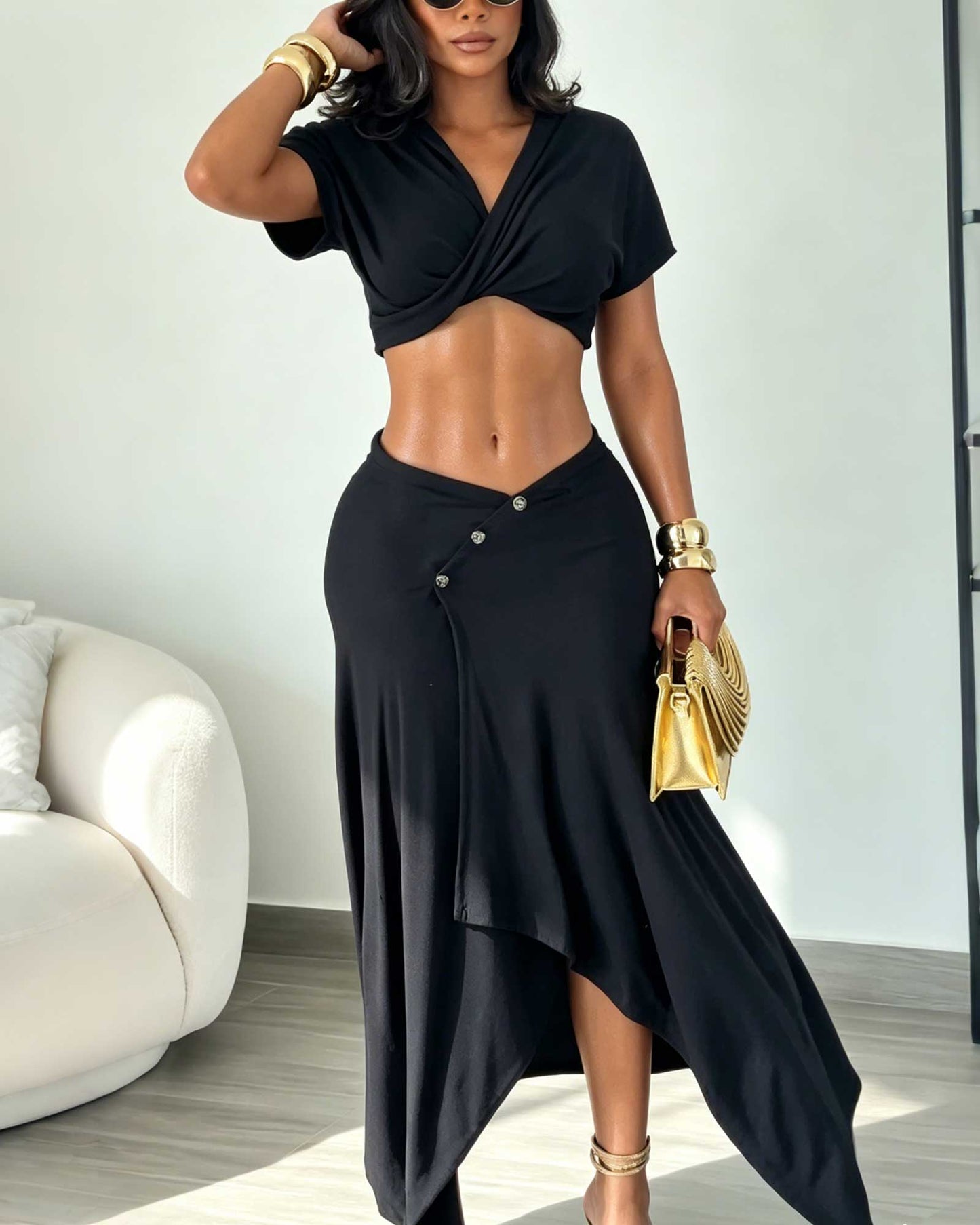 Two Piece Set: Short Sleeved Wrap Style Knotted Crop Top And Asymmetrical Button Down Midi Skirt