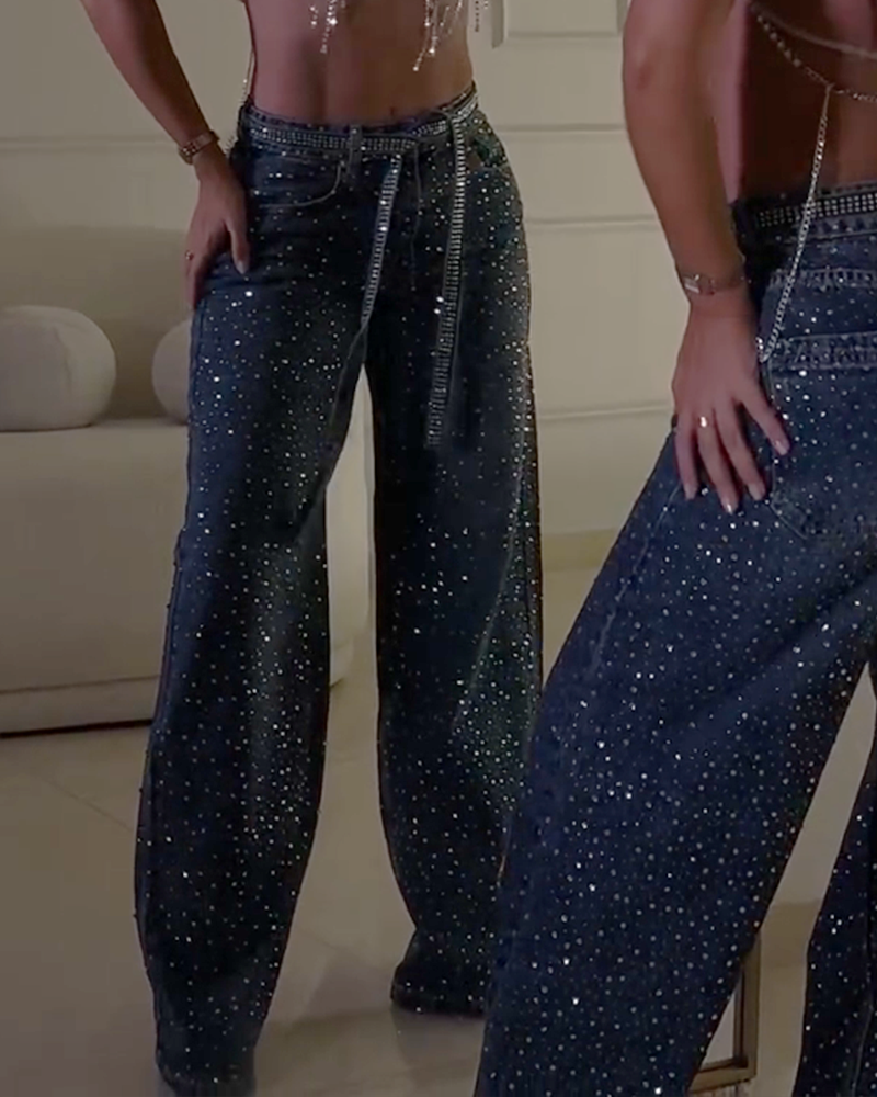 New Diamond-Studded Straight-Leg Jeans