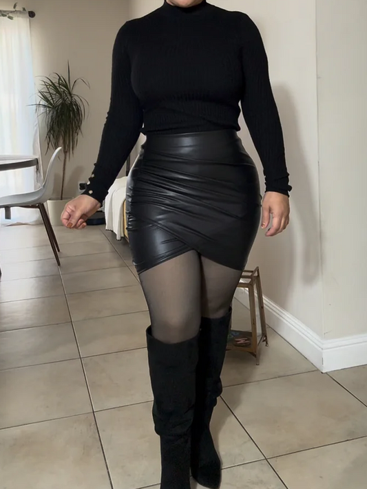 Black Hip Wrap Leather Skirt