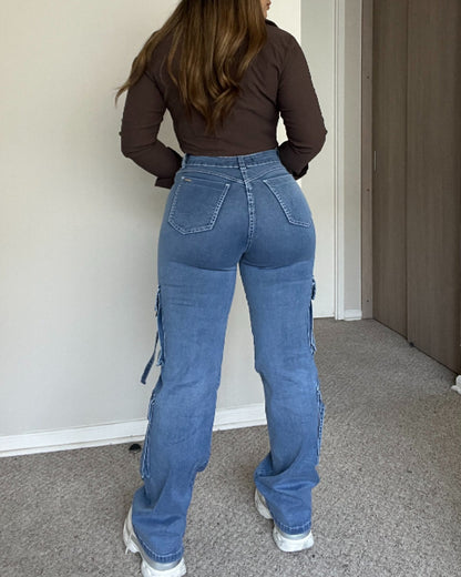 High-Waist Multi-Pocket Cargo Jeans