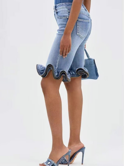 High Waisted Wave Ruffle Hem Slim Denim Shorts