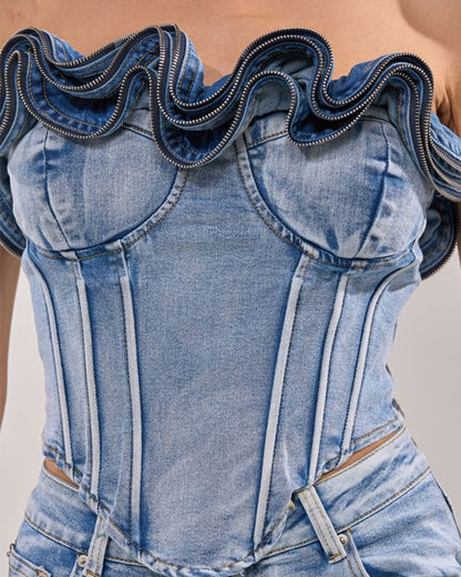 Wavy Ruffle Top For Women Demin Corset With Zipper