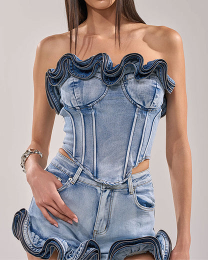 Wavy Ruffle Top For Women Demin Corset With Zipper