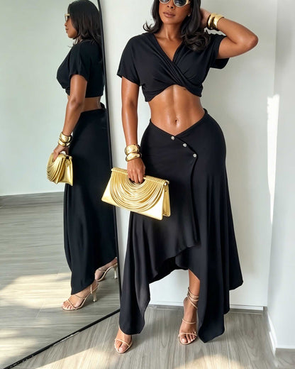 Two Piece Set: Short Sleeved Wrap Style Knotted Crop Top And Asymmetrical Button Down Midi Skirt