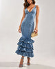 Washed Denim Overalls Deep V-Neck Multi Layered Ruffle Maxi Dress