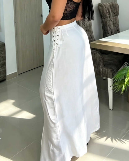 Solid Color High Waisted Vertical Pleated Side Tie Wide Leg Pants
