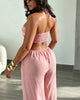 Denim Backless Deep V-Neck Cutout Pleated Wide-Leg Jumpsuit