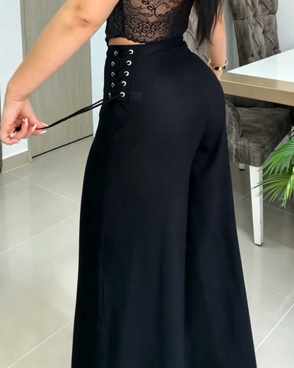 Solid Color High Waisted Vertical Pleated Side Tie Wide Leg Pants