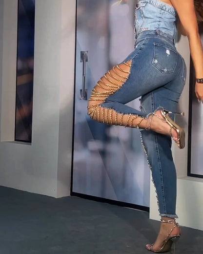 Women's High Rise Destroyed Trendy Chain Raw Hem Lace Up Sides Zipper Button Denim Jeans