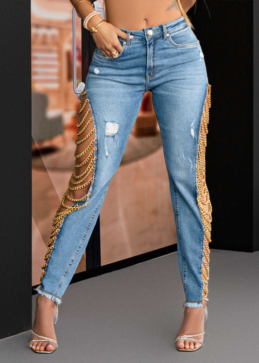 Women's High Rise Destroyed Trendy Chain Raw Hem Lace Up Sides Zipper Button Denim Jeans