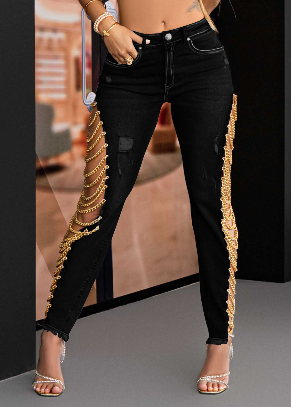 Women's High Rise Destroyed Trendy Chain Raw Hem Lace Up Sides Zipper Button Denim Jeans