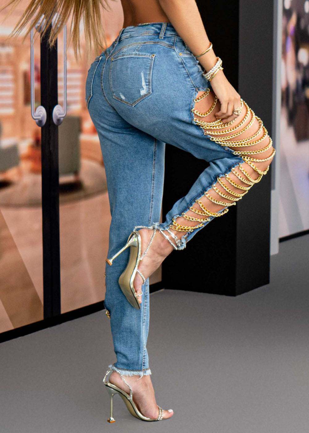 Women's High Rise Destroyed Trendy Chain Raw Hem Lace Up Sides Zipper Button Denim Jeans