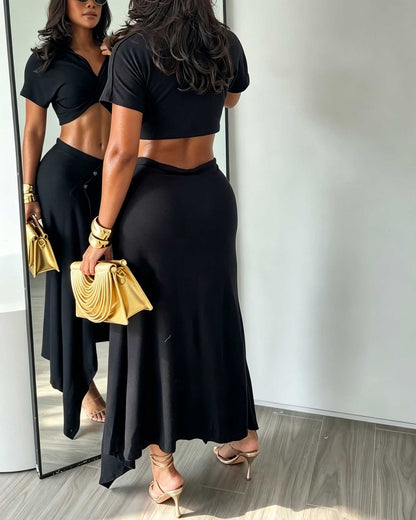 Two Piece Set: Short Sleeved Wrap Style Knotted Crop Top And Asymmetrical Button Down Midi Skirt