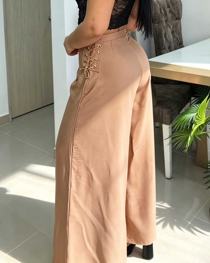 Solid Color High Waisted Vertical Pleated Side Tie Wide Leg Pants