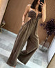 Denim Backless Deep V-Neck Cutout Pleated Wide-Leg Jumpsuit