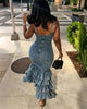 Washed Denim Overalls Deep V-Neck Multi Layered Ruffle Maxi Dress
