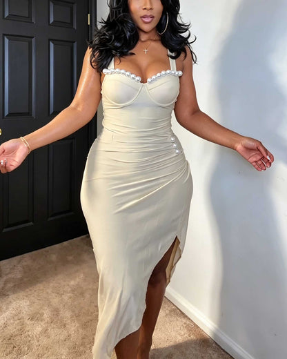 Two Piece Set: A Pearl Trimmed Sweetheart Neck Halter Swimsuit And An Asymmetrical Midi Skirt