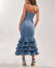 Washed Denim Overalls Deep V-Neck Multi Layered Ruffle Maxi Dress