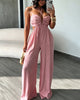 Denim Backless Deep V-Neck Cutout Pleated Wide-Leg Jumpsuit