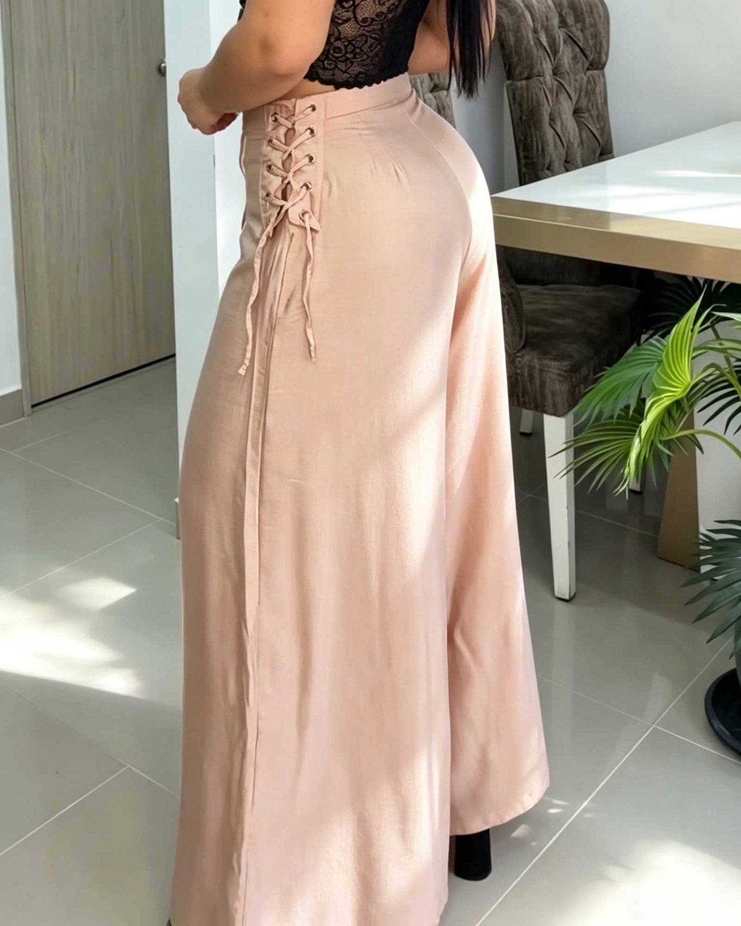 Solid Color High Waisted Vertical Pleated Side Tie Wide Leg Pants