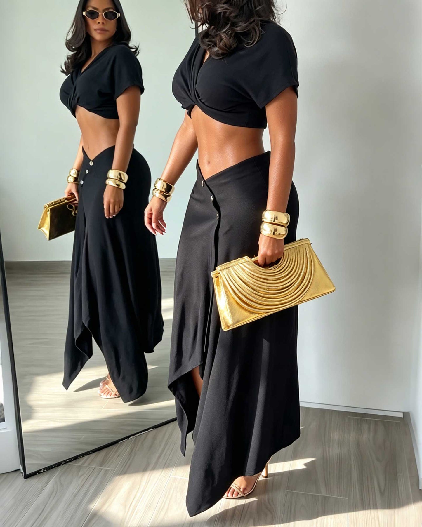 Two Piece Set: Short Sleeved Wrap Style Knotted Crop Top And Asymmetrical Button Down Midi Skirt
