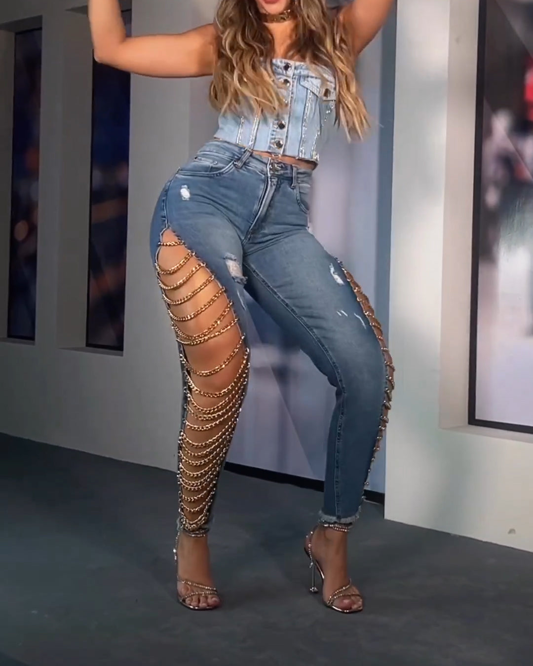 Women's High Rise Destroyed Trendy Chain Raw Hem Lace Up Sides Zipper Button Denim Jeans