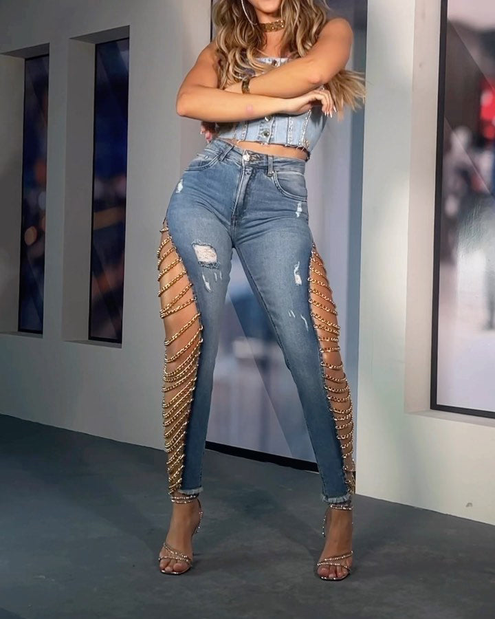 Women's High Rise Destroyed Trendy Chain Raw Hem Lace Up Sides Zipper Button Denim Jeans
