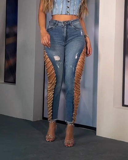 Women's High Rise Destroyed Trendy Chain Raw Hem Lace Up Sides Zipper Button Denim Jeans