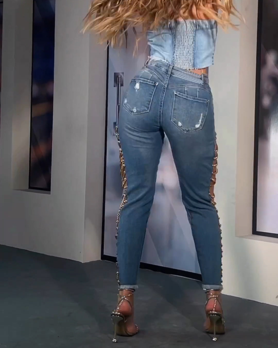 Women's High Rise Destroyed Trendy Chain Raw Hem Lace Up Sides Zipper Button Denim Jeans