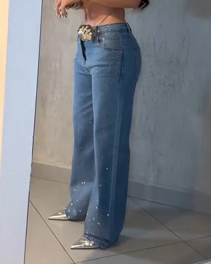 Diamond-Studded Straight-Leg Jeans Denim