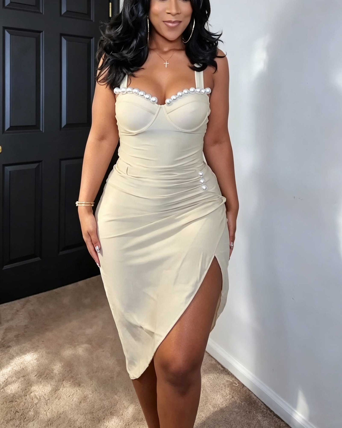 Two Piece Set: A Pearl Trimmed Sweetheart Neck Halter Swimsuit And An Asymmetrical Midi Skirt