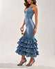 Washed Denim Overalls Deep V-Neck Multi Layered Ruffle Maxi Dress