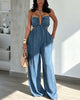 Denim Backless Deep V-Neck Cutout Pleated Wide-Leg Jumpsuit
