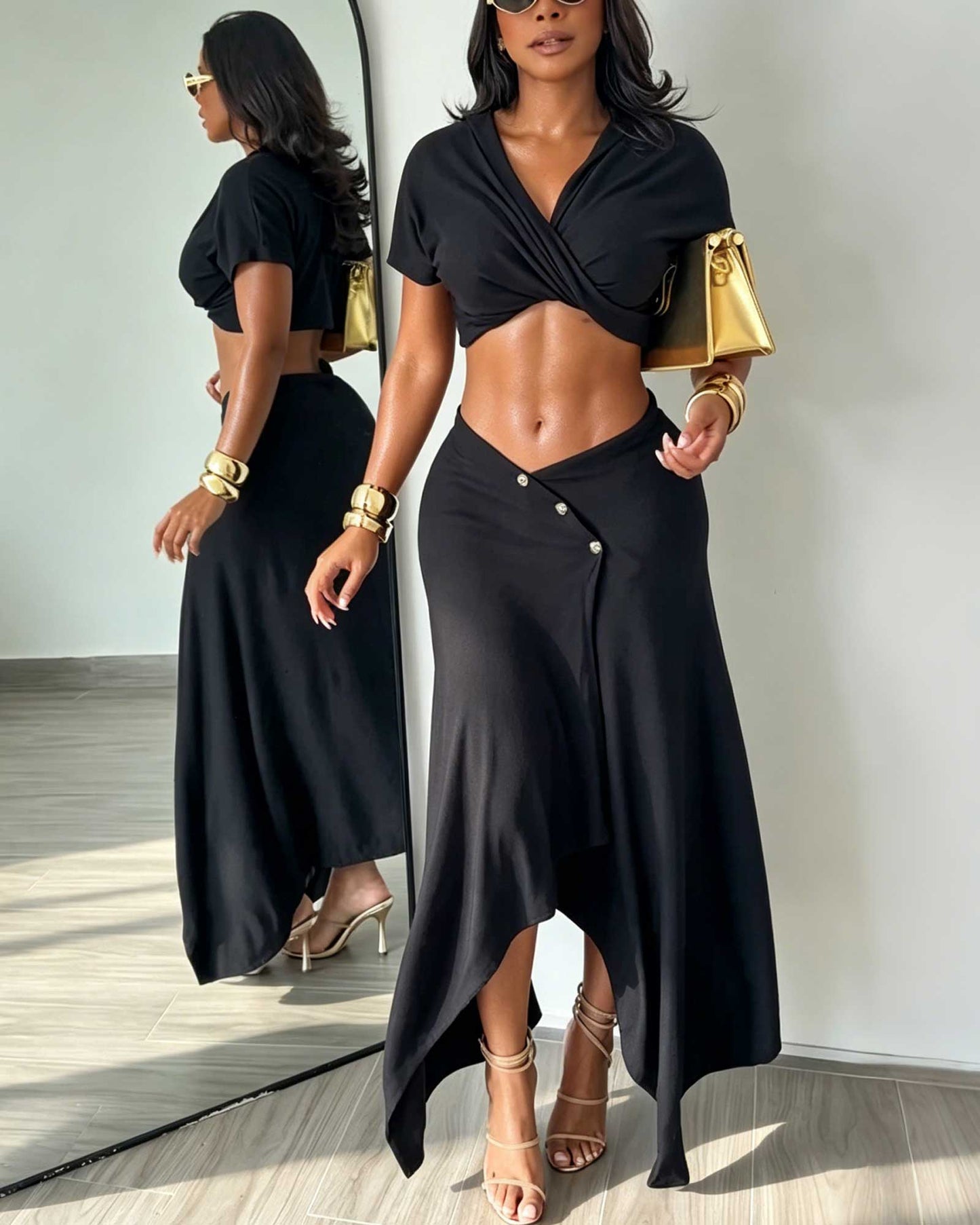 Two Piece Set: Short Sleeved Wrap Style Knotted Crop Top And Asymmetrical Button Down Midi Skirt