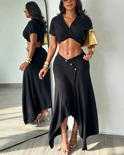 Two Piece Set: Short Sleeved Wrap Style Knotted Crop Top And Asymmetrical Button Down Midi Skirt
