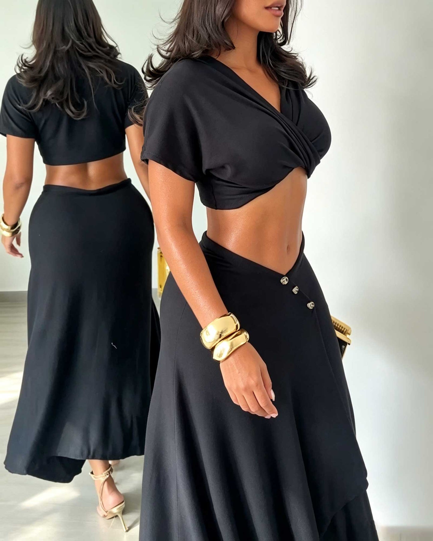 Two Piece Set: Short Sleeved Wrap Style Knotted Crop Top And Asymmetrical Button Down Midi Skirt