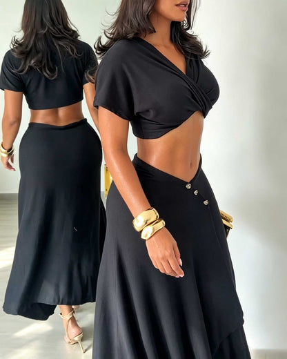 Two Piece Set: Short Sleeved Wrap Style Knotted Crop Top And Asymmetrical Button Down Midi Skirt